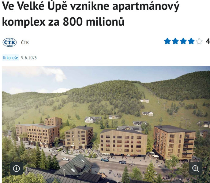 An apartment complex worth 800 million crowns to be built in Velká Úpa